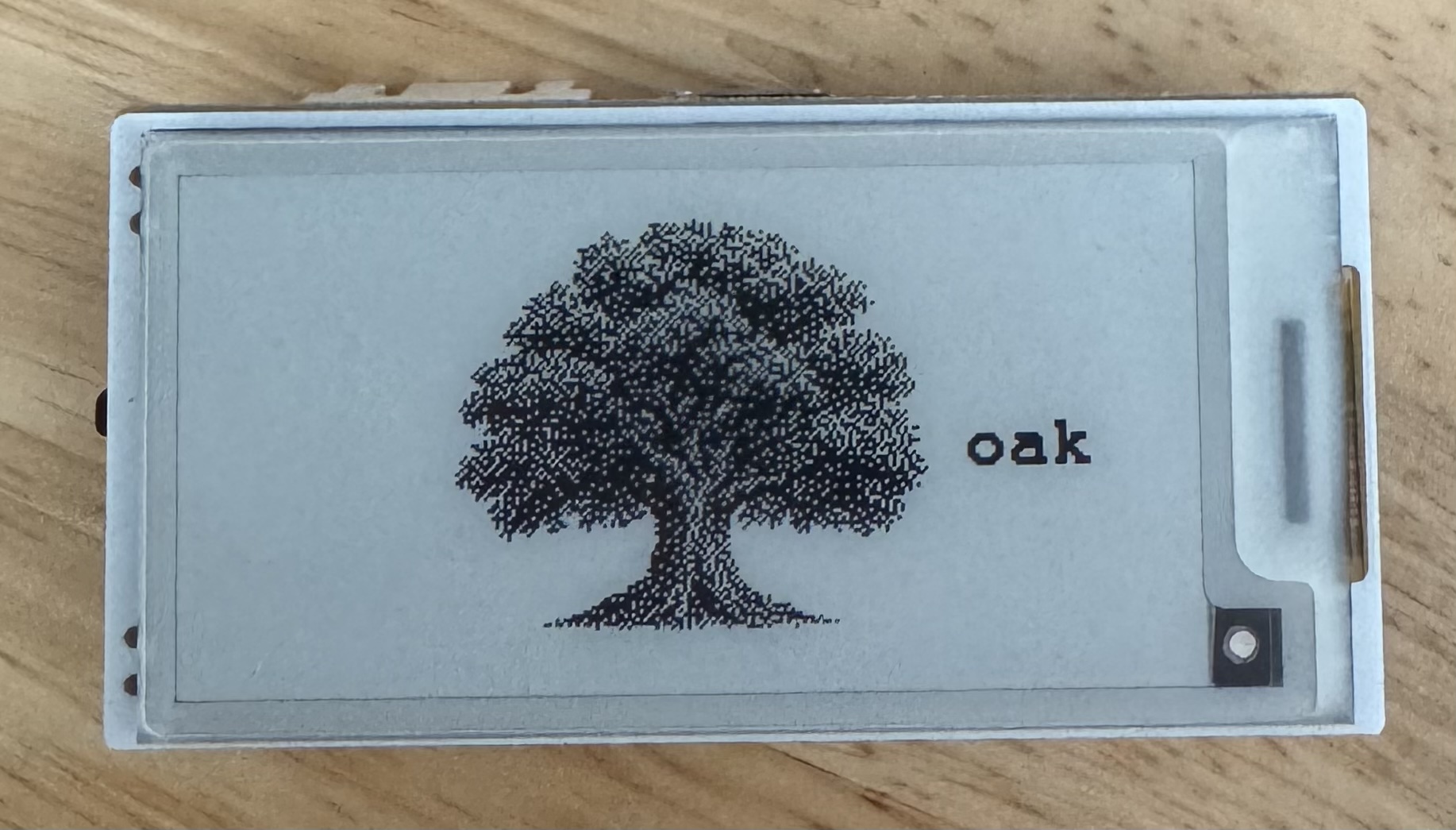An early prototype e-ink display showing a dithered oak tree and the word &ldquo;oak&rdquo;